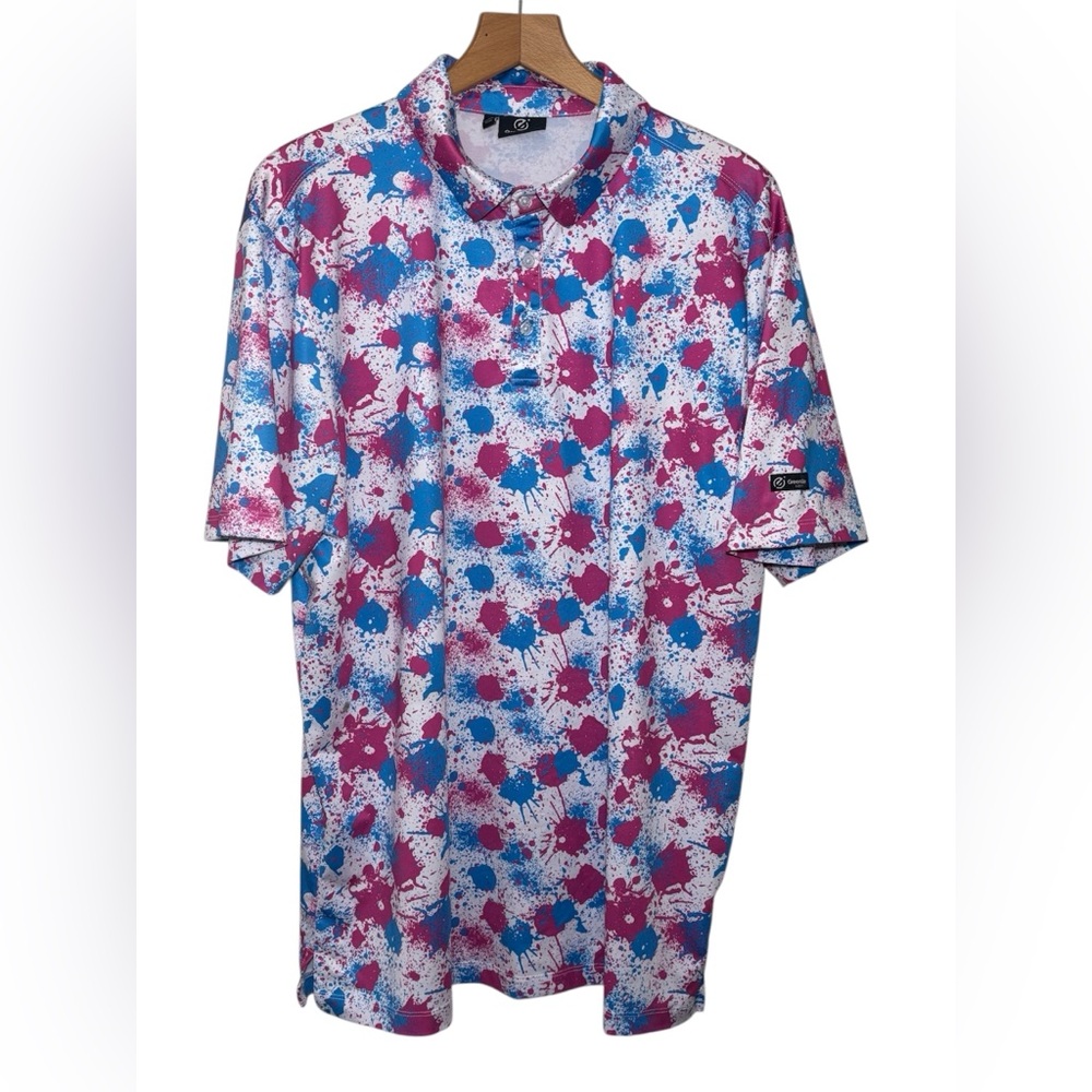 Greenside Golf Splash Camo Short Sleeve Polo Shirt, pink and blue. Men’ XL